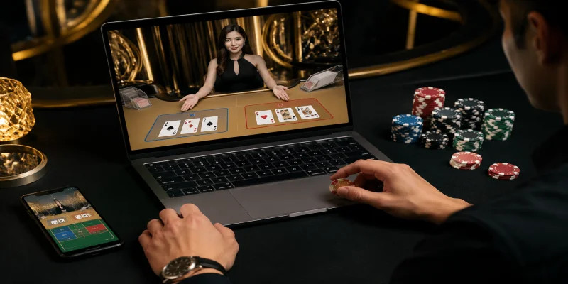 Giao diện bàn cược Baccarat trực tuyến hiện đại với góc quay đa chiều tại casino rr99