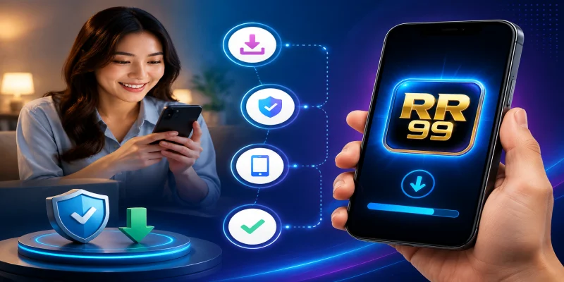 Giao diện hướng dẫn các bước tải app rr99 an toàn trên điện thoại di động