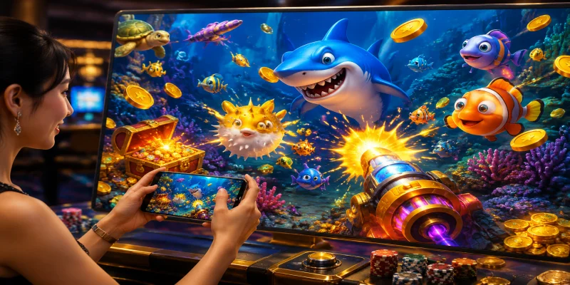 Giao diện sảnh game bắn cá rr99 với đồ họa 3D sắc nét và hệ thống sinh vật biển phong phú.