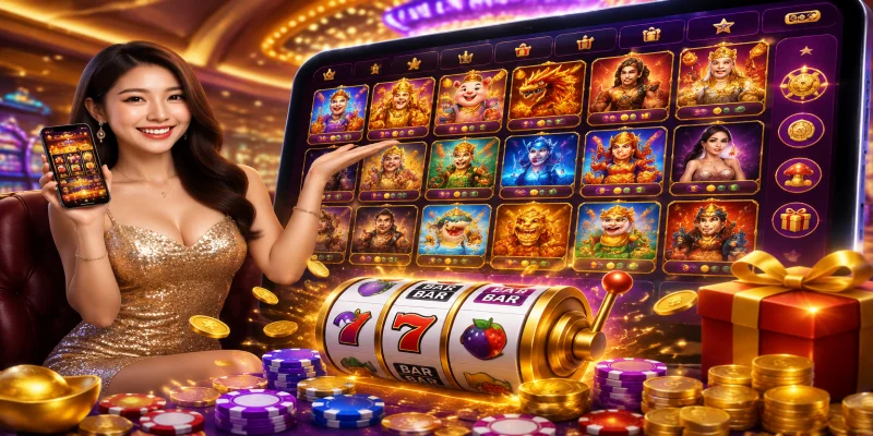 Giao diện sảnh game nổ hũ rr99 trực quan với hàng trăm chủ đề quay hũ đa dạng hấp dẫn người chơi
