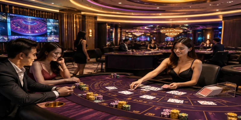 Sảnh casino trực tuyến hiện đại với các bàn chơi baccarat và blackjack chuyên nghiệp